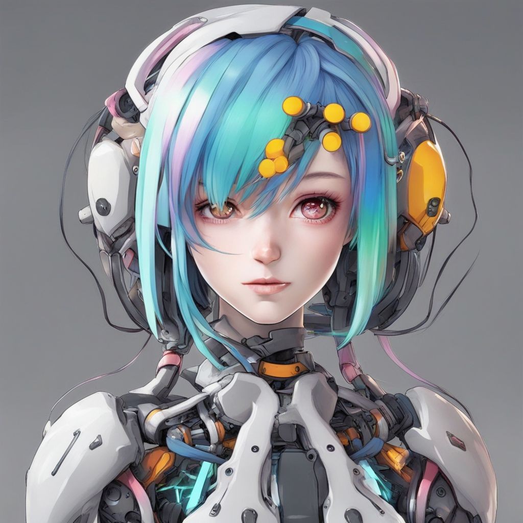 Futuristic humanoid robot with mechanical parts and colorful hair, featuring intricate wires and components.