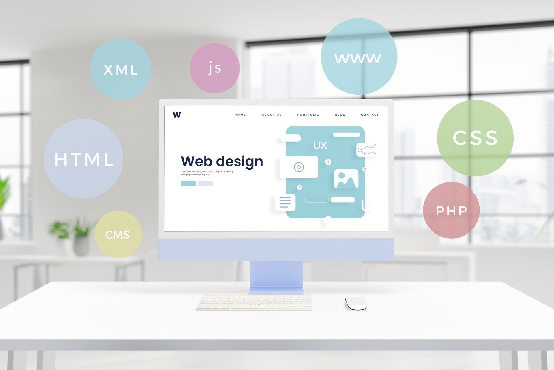 Computer display showcases a conceptual web design studio page with layout elements. Floating balloons feature HTML, PHP, CSS, XML, JS, CMS technologies